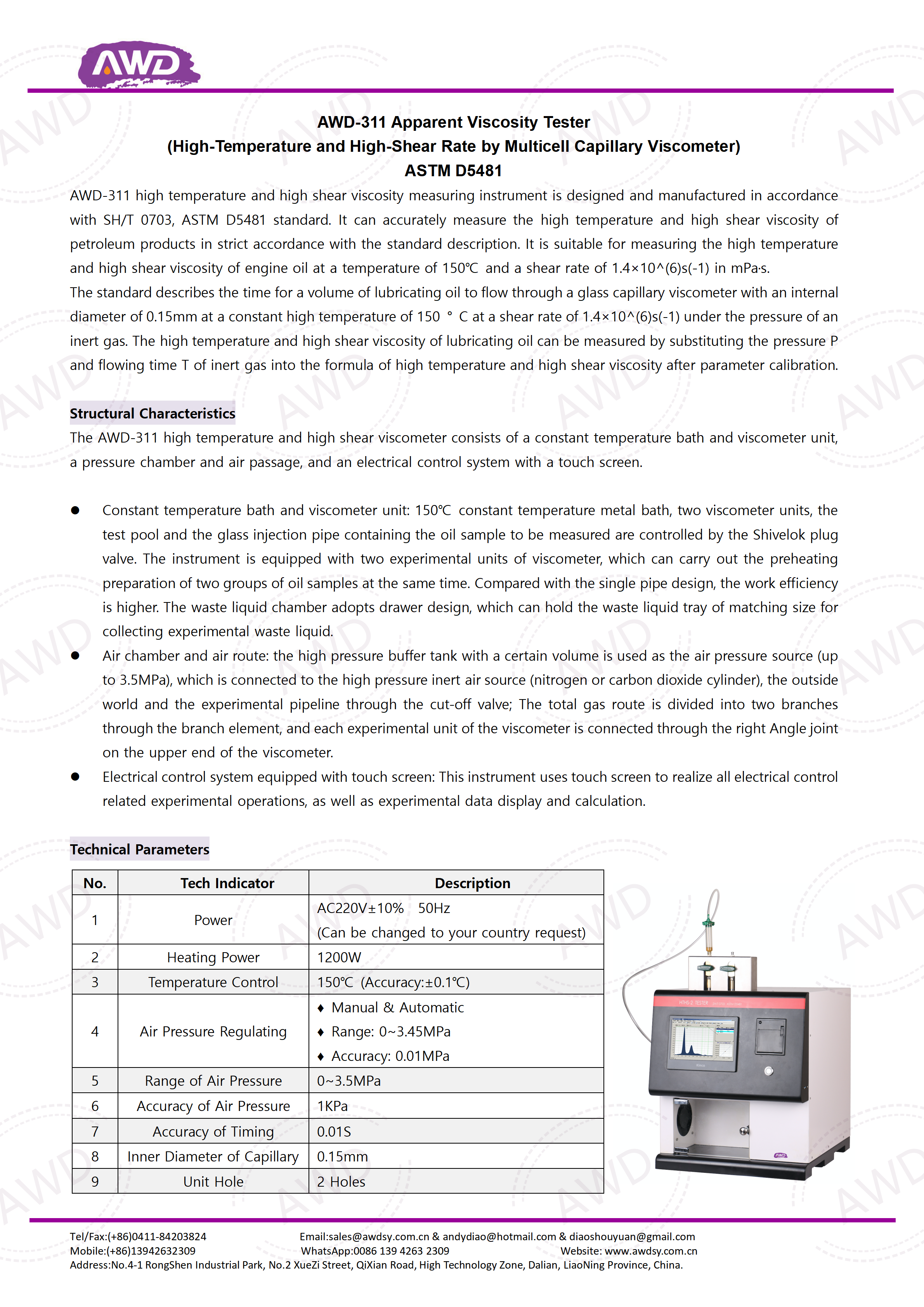 AWD-311 Apparent Viscosity Tester (High-Temperature and High-Shear Rate by Multicell Capillary Viscometer) ASTM D5481