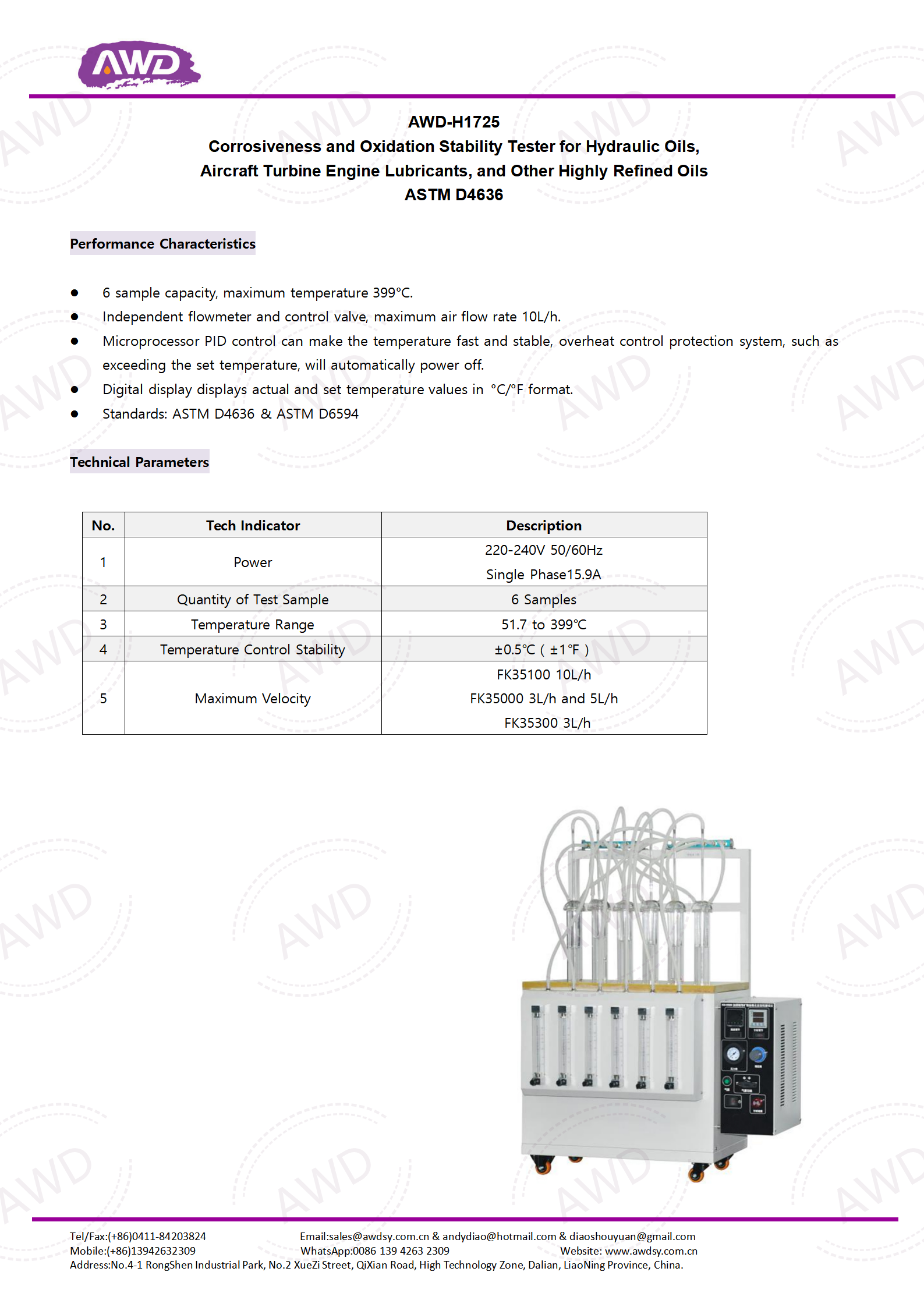 AWD-H1725 Corrosiveness and Oxidation Stability Tester for Hydraulic Oils, Aircraft Turbine Engine Lubricants, and Other Highly Refined Oils ASTM D4636