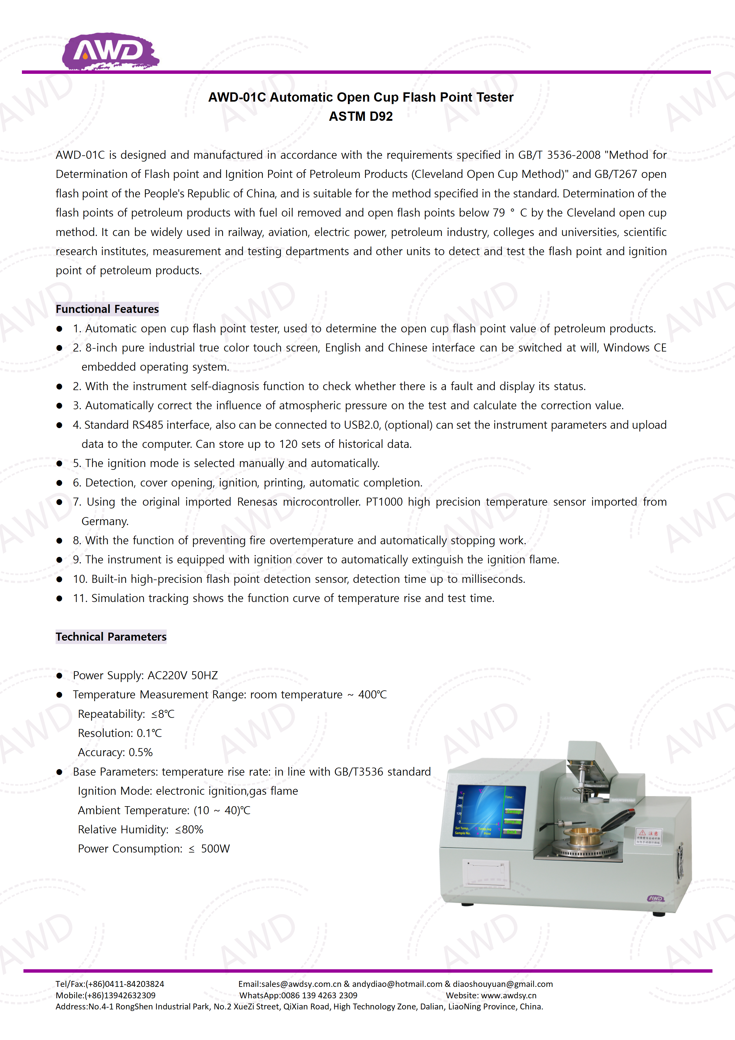 AWD-01C Fully Automatic Flash Point Tester (Open Cup Method)ASTM D92