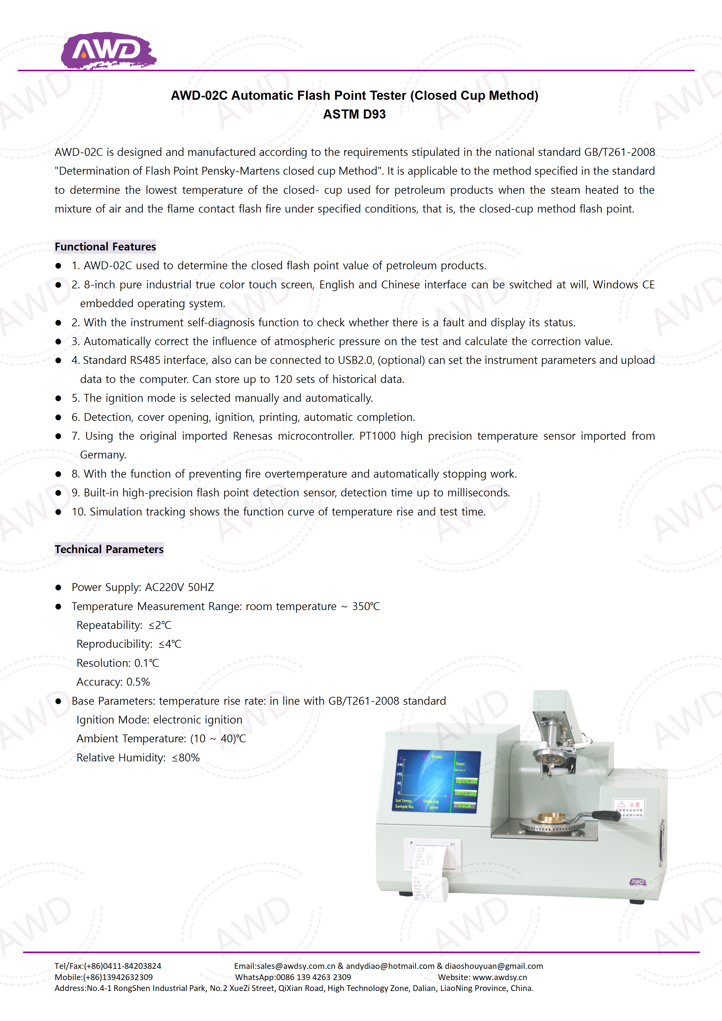 AWD-02C Automatic Flash Point Tester (Closed Cup Method) ASTM D93