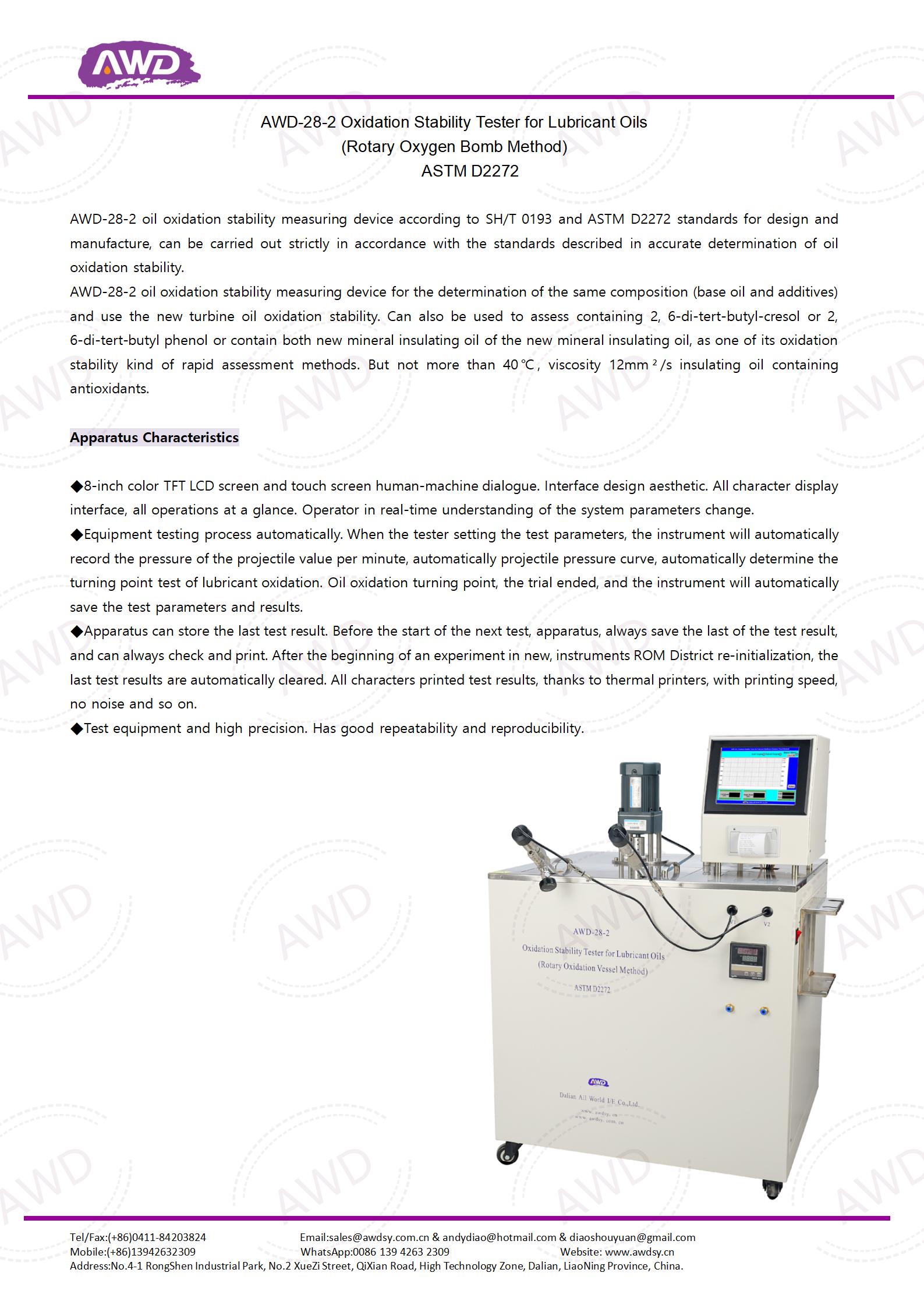 AWD-28-2 Oxidation Stability Tester for Lubricant Oils (Rotary Oxygen Bomb Method) ASTM D2272