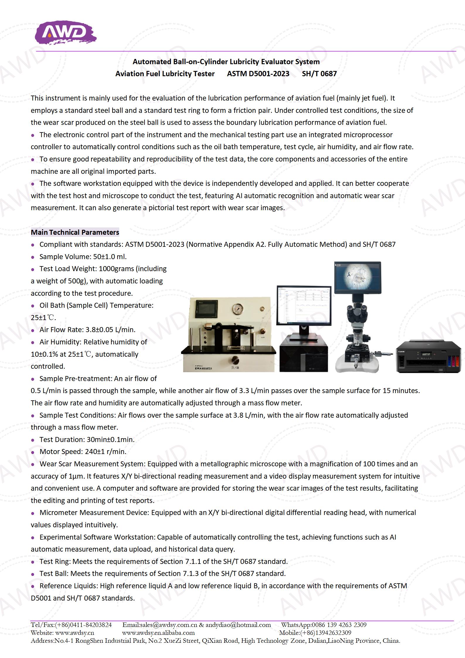 AWD-BOCLE Automated Ball-on-Cylinder Lubricity Evaluator System Aviation Fuel Lubricity Tester ASTM D5001-2023 SH/T 0687
